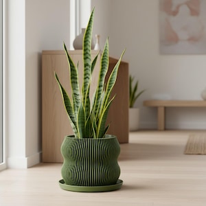 Minimalist Green Houseplant Pot with Tray, Aesthetic Planter for Succulents, Modern Vase for Floral Arrangements, Plant Pot with Drainage