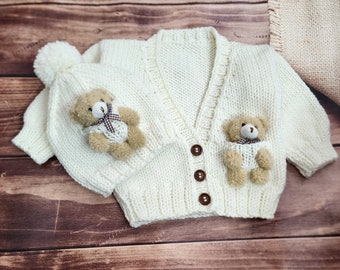 Knit Baby Cardigan and Beanie with Plush Teddy Bear. Red Baby Cardigan Knitted. Newborn Baby Cardigan with Teddy Bear. Gif for Babies.