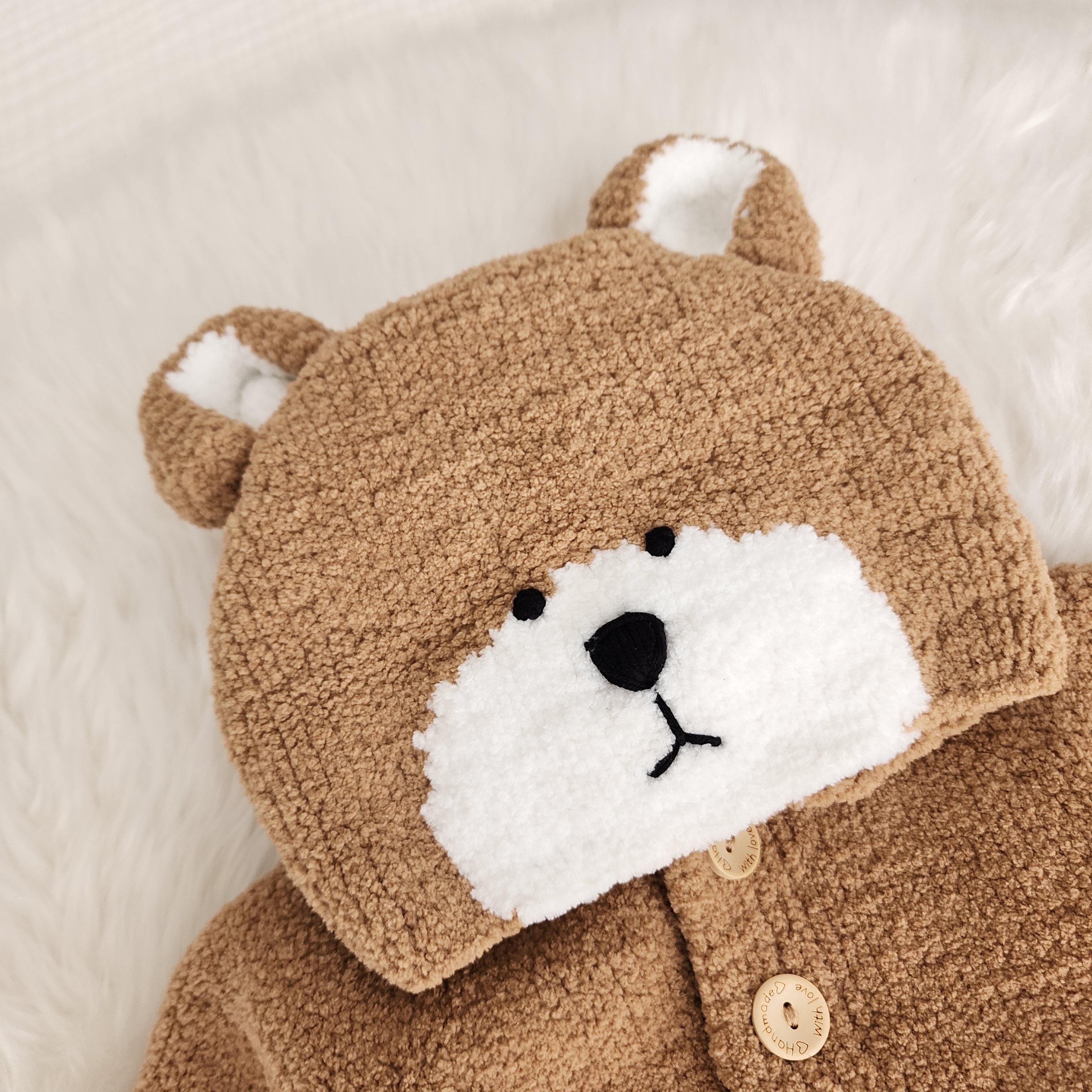 New Born Baby Boy Winter Dress Wool Stuff With Cap Bear Design In Brown Color