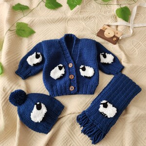 Handmade Lamb Embroidered Baby Cardigan Set: Knit Beanie and Scarf