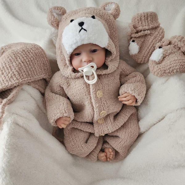 Combi-short brun ours pour bébé, tenue de nouveau-né en tricot avec bonnet, ensemble de vêtements pour tout-petits animaux avec chaussons.