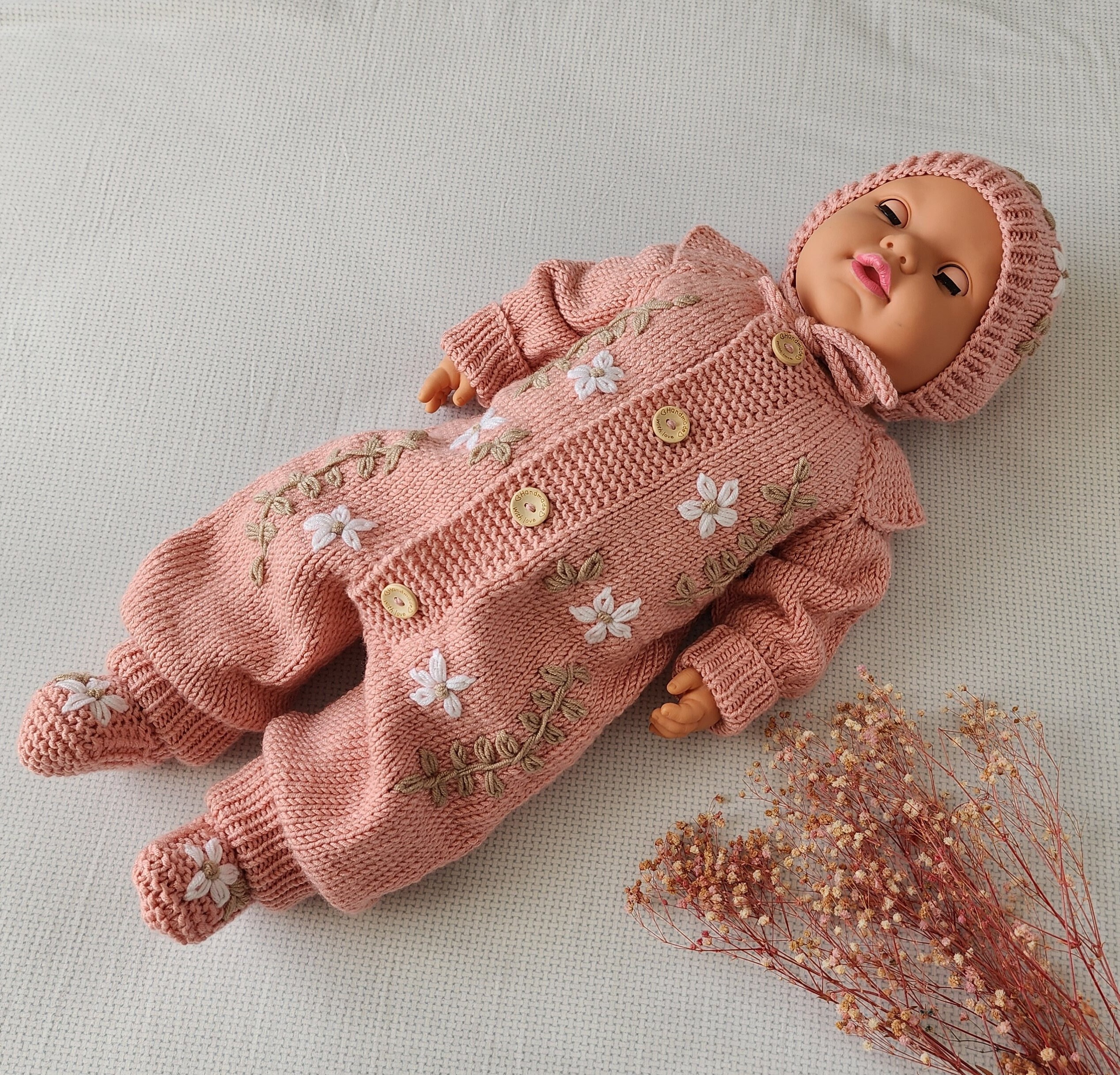 Knitted Baby Romper With Flower and Leaf Embroidered for Baby Girls ...