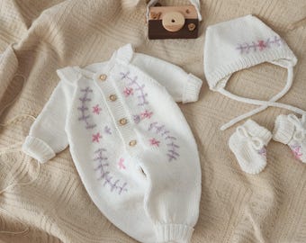 Hand-Knitted Baby Romper Set: Flower Embroidered Knit Overalls, Beret & Booties