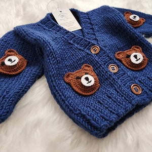 Cute Teddy Bear Embroidered Baby Cardigan, Hand Knitted 3D Teddy Bear Motif, Knitted Baby Boy Cardigan, Baby Girl Cardigan