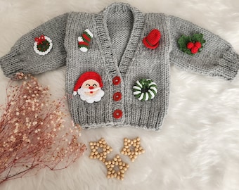 Gray Merry Christmas Baby Cardigan, Embroidered Holiday Toddler Sweater, Handmade Knit Jacket, New Year Candy Newborn Clothes