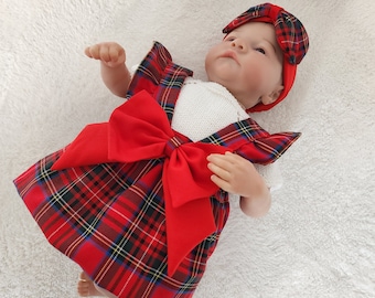 Christmas Plaid Baby Dress With Headband, Handmade 9-12 Months