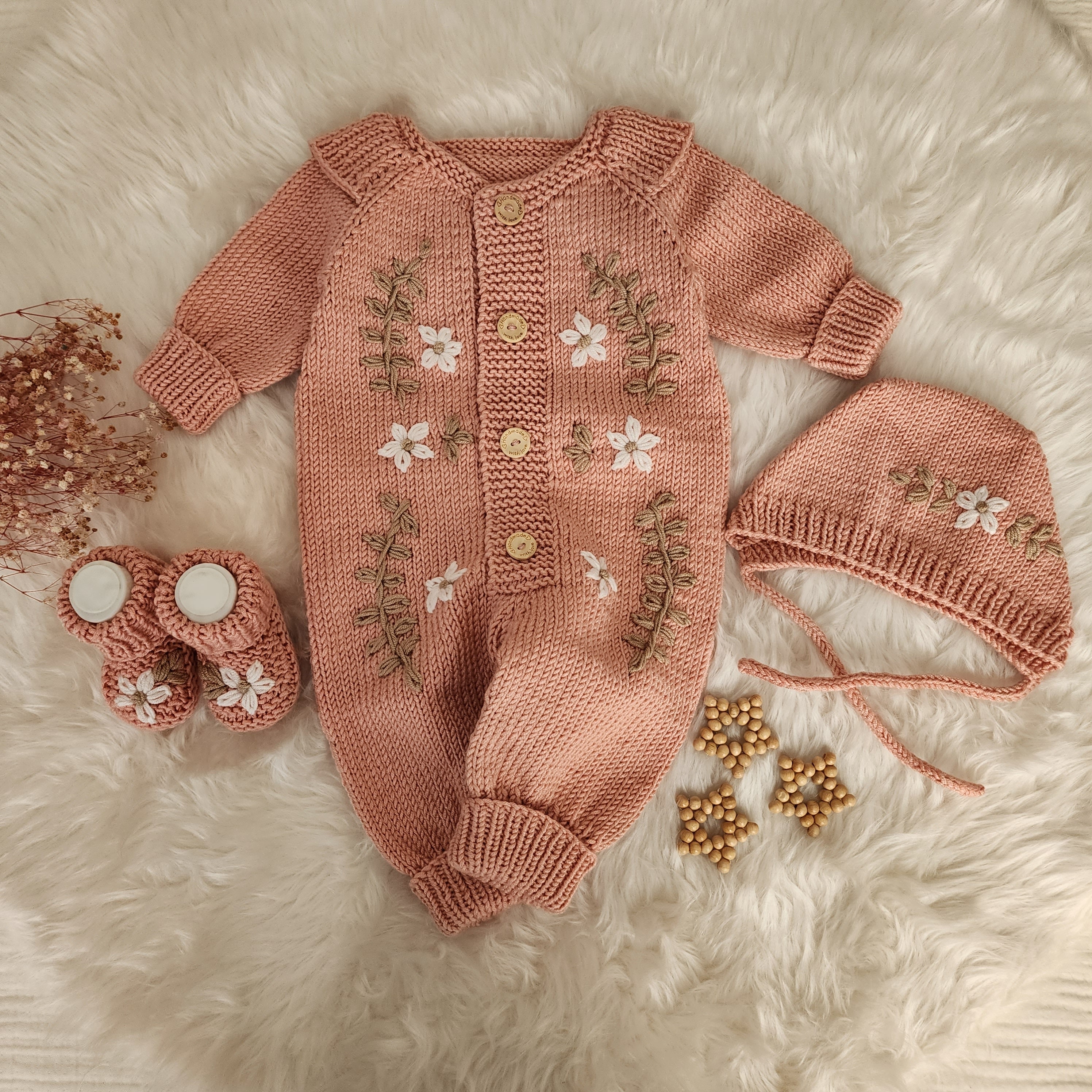 Baby Girls Romper Knit with Flower Embroidery, Long Sleeve