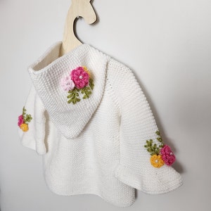 Flower and Leaf Embroidered Knitted Baby Cardigan Set for Baby Girls, Knitted Baby Hat, Knitted Baby Booties for Baby Girls,