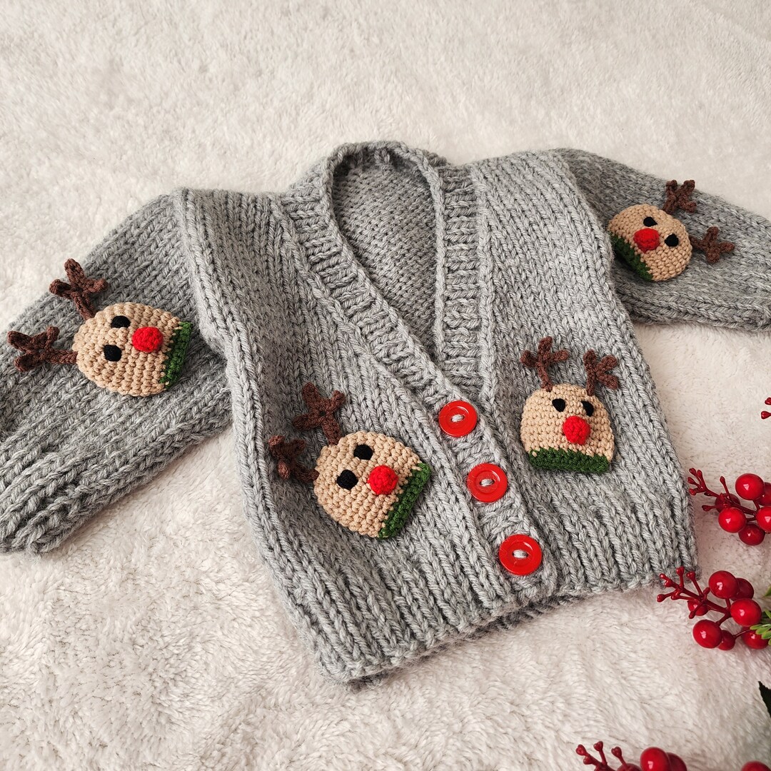 Handmade Deer Embroidered Baby Cardigan: Gray Knit Sweater