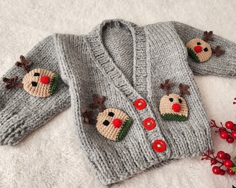 Colorful Deer Embroidered Baby Cardigan, Gray Newborn Knit Sweater, Winter Crochet Jacket for Boy, Winter Toddler Clothes, Kids Top