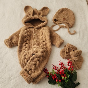 Knitted Rabbit Newborn Jumpsuit Set, Cute Animal Baby Romper with Hat, Toddler Outfit Overalls with Booties, Winter Coming Home Boy Clothes