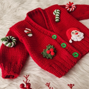 Baby Christmas Gift, Hand-Knitted Baby Cardigan, with Festive Christmas Embroidery,   Christmas newborn knit cardigan,Baby gift.