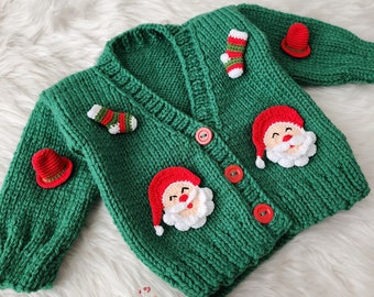 Baby Christmas Cardigan, Christmas Crop Knitwear Sweater, Baby Cardigan For Newborns and up to 2 Years Old With Adorable Christmas Figures.