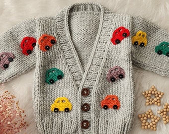 Baby Cardigan Sweater With Car Embroidered, Hand Knitted 3D Car Motif Baby Cardigan Perfect for Winter, Baby Boy Cardigan Knit