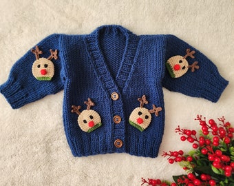 Baby Cardigan Sweater With Deer Embroidered, Hand Knitted 3D Deer Motif Baby Cardigan Perfect for Winter, Baby Boy Cardigan Knit