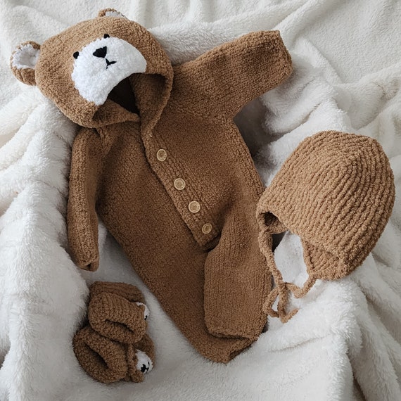Bear Brown Baby Romper, Knit Newborn Outfit With Beanie, Animal