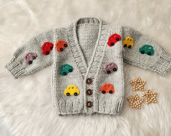 Colorful Car Embroidered Baby Cardigan, Gray Newborn Knit Sweater, Winter Crochet Jacket for Boy, Winter Toddler Clothes, Kids Top