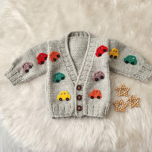 Colorful Car Embroidered Baby Cardigan, Gray Newborn Knit Sweater, Winter Crochet Jacket for Boy, Winter Toddler Clothes, Kids Top