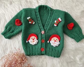 Green Christmas Newborn Cardigan, Holiday Motifs Sweater for Baby, Crochet New Year Toddler Jacket, Organic Boy Winter Clothes