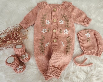 Knitted Baby Romper With Flower and Leaf Embroidered For Baby Girls. Knit Baby Hat Flower Embroidered. Knit Baby Booties for Baby Girls.