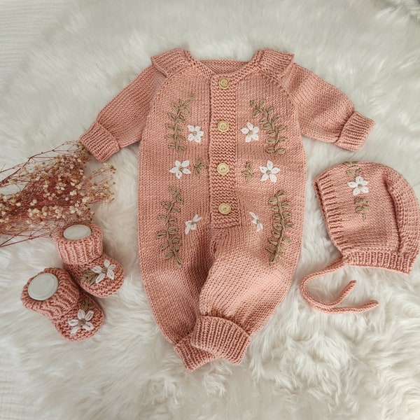 Knitted Baby Romper With Flower and Leaf Embroidered For Baby Girls. Knit Baby Hat Flower Embroidered. Knit Baby Booties for Baby Girls.