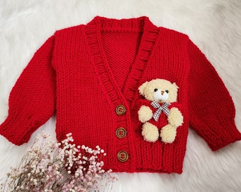 Hand Knit Baby Cardigan with Plush Teddy Bear. Red Baby Cardigan Knitted. Newborn Baby Cardigan with Teddy Bear. newborn knit cardigan,