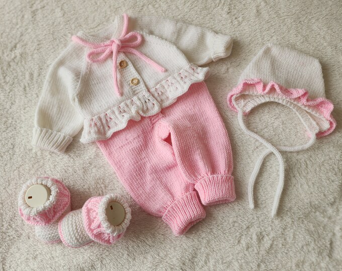 Hand Knitted Baby Rompers Set for Baby Girls, Hand Knitted Rompers, Hand Knitted Baby Hat and Knitted Baby Booties, 3 Piece Rompers Set.