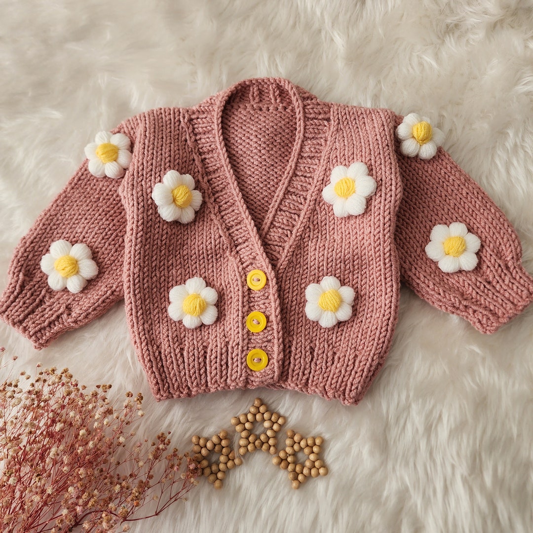 Handmade Daisy Embroidered Baby Cardigan: Crochet Knit Flower