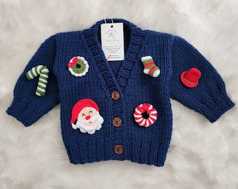 Merry Christmas Baby Cardigan, Blue Crochet Boy Sweater for New Year, Toddler Hand Knit Holiday Jacket, Newborn Winter Clothes Top