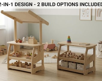 May include: A light-colored wooden play stand with a 2-in-1 design and 2 build options included. The left configuration features a canopy roof and two shelves holding wooden toy crates. The right configuration is a flat-topped table with two shelves.