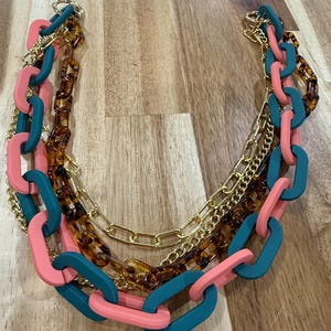 Chunky Acrylic Bag Strap | 18-21” Trending Purse Charm Handle | Pink & Teal Chain with Tortoiseshell and Gold | Bag Accessory | Resin