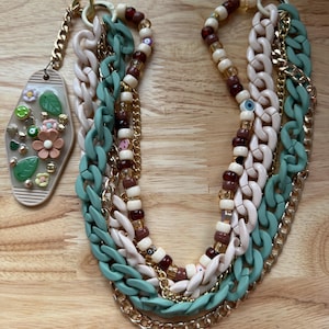 Boho Beaded Bag Charm Chain with Keychain Chunky Clay and Starement Beads  Accessory,  Olive Green & Cream, Cute, Trendy Accessories