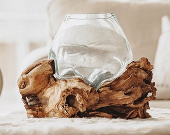 Vase Wurzelholz, Geschmolzenes Glas auf Teakholzwurzel, Glasschale mundgeblasen auf Wurzel.
