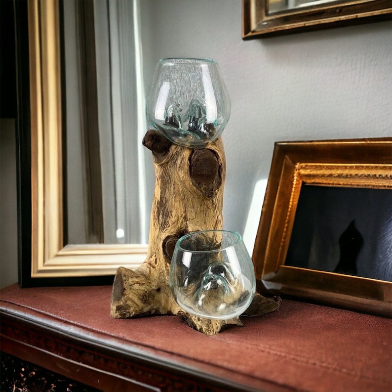 Vase Wurzelholz, Geschmolzenes Glas auf Teakholzwurzel, Teelichthalter, Glasschale mundgeblasen auf Wurzel Bild 6