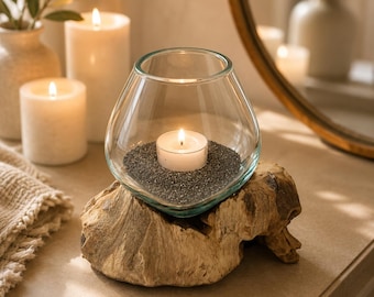 Glass vase on root wood – Hand-blown glass on teak root, natural home decor, unique piece
