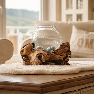 Wurzelholz Vase mit mundgeblasenem Glas, Unikat