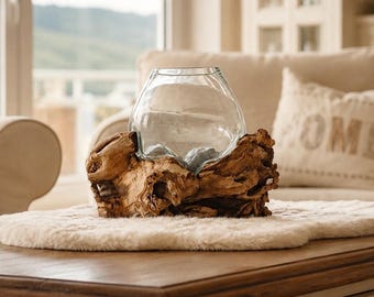 Root wood vase with mouth-blown glass, unique piece