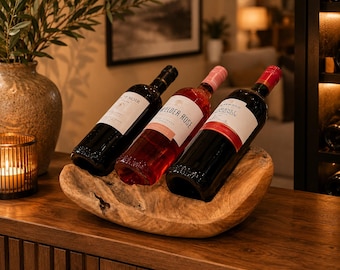 Teak wine bottle holder for 3 bottles | Handmade & unique | Rustic wine rack | Gift