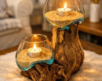 Wurzelholz Windlicht mit 2 Gläsern – Teakholz Kerzenhalter / Teelichthalter – Boho Natur Deko – Tischdeko Wohnzimmer – Geschenk Einzug