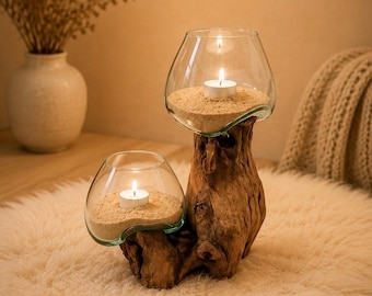 Wurzelholz Windlicht mit 2 Gläsern – Teakholz Kerzenhalter / Teelichthalter – Boho Natur Deko – Tischdeko Wohnzimmer – Geschenk Einzug