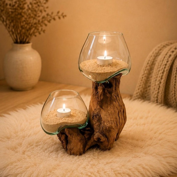 Wurzelholz Windlicht mit 2 Gläsern – Teakholz Kerzenhalter / Teelichthalter – Boho Natur Deko – Tischdeko Wohnzimmer – Geschenk Einzug