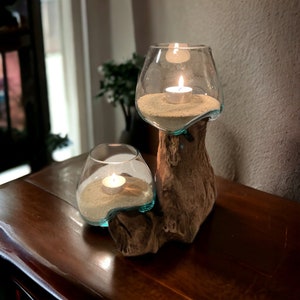 Vase Wurzelholz, Geschmolzenes Glas auf Teakholzwurzel, Teelichthalter, Glasschale mundgeblasen auf Wurzel immagine 1
