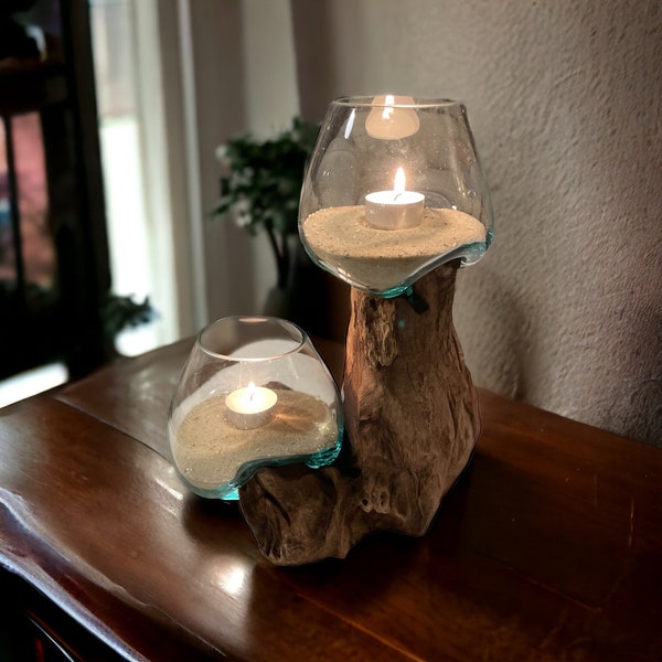 Vase Wurzelholz, Geschmolzenes Glas auf Teakholzwurzel, Teelichthalter, Glasschale mundgeblasen auf Wurzel