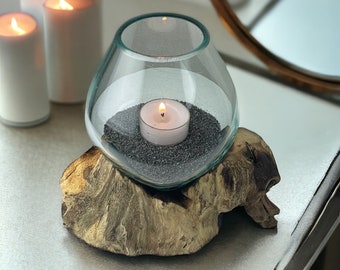 Vase root wood, molten glass on teak root, glass bowl hand-blown on root