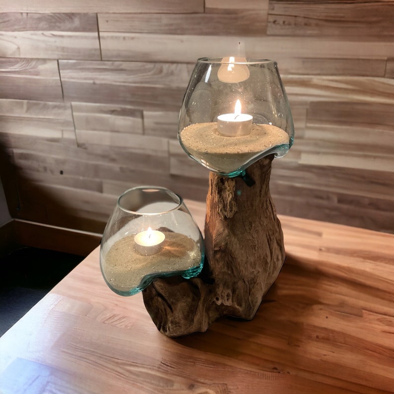 Vase Wurzelholz, Geschmolzenes Glas auf Teakholzwurzel, Teelichthalter, Glasschale mundgeblasen auf Wurzel immagine 4