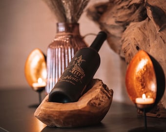 Weinflaschenhalter aus Teakholz – Geschenkidee für Weinliebhaber – Handgemachter Flaschenhalter – Einzugsgeschenk, Hochzeit, Geburtstag