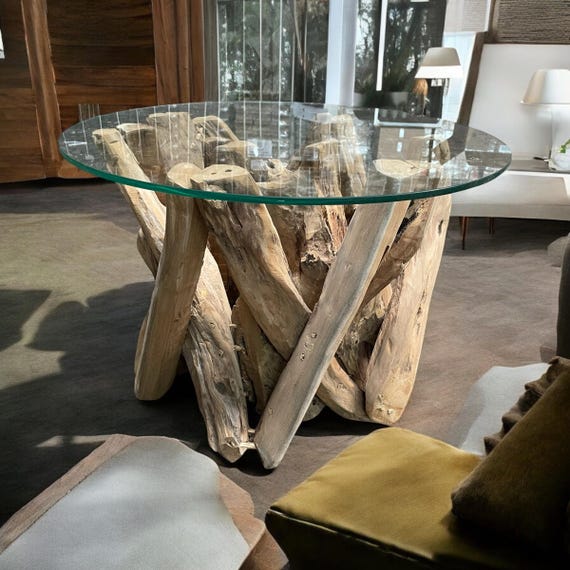 Tisch aus Wurzelholz mit Glasplatte D: 60cm