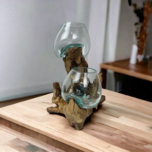 Vase Wurzelholz, Geschmolzenes Glas auf Teakholzwurzel, Teelichthalter, Glasschale mundgeblasen auf Wurzel immagine 8