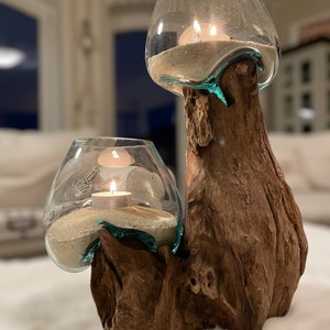 Vase Wurzelholz, Geschmolzenes Glas auf Teakholzwurzel, Teelichthalter, Glasschale mundgeblasen auf Wurzel immagine 5