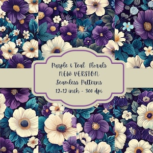12 Purple & Teal Florals Digital Paper (NEW), SEAMLESS, Printable Papers, Seamless Repeating Background, 12 Designs, 12x12in- Commercial Use